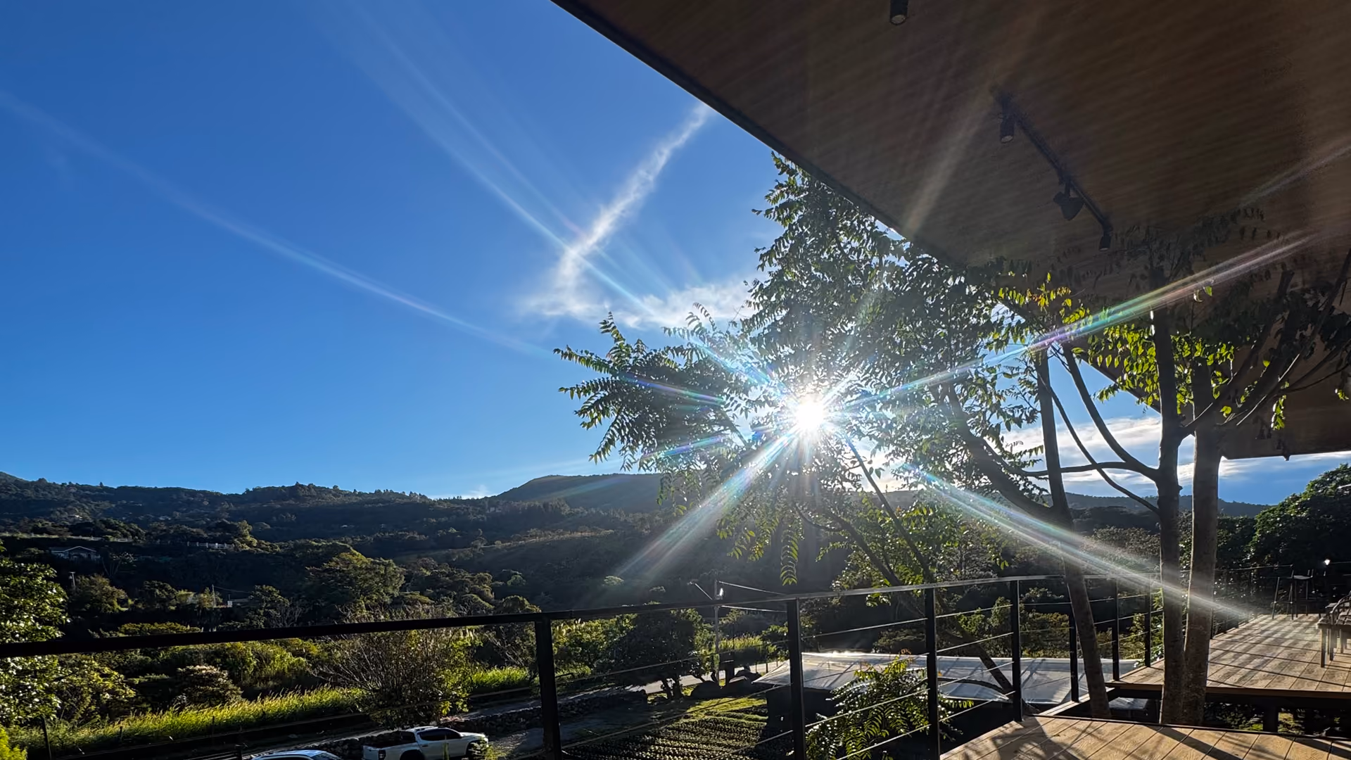 Sol de la tarde entre los árboles desde la terraza, con el valle al fondo
